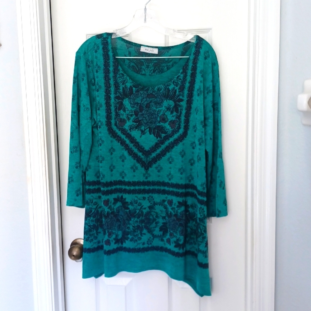 Rue JuJu Xl Tunic Top Blouse Turquoise Green Floral print Shirt